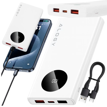 PowerBank 10000mAh z Technologią PD 120W, Szybkie Ładowanie PowerDelivery, Porty 2x USB-A i 1x USB-C, Wysoka Moc i Kompaktowy Design, Alogy TurboCharge™ – Biały
