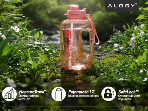 Duża Butelka Motywacyjna na Wodę 1.7L Bidon Sportowy z Miarką, Uchwytem i Pokrywką 2w1 (Dzióbek + Słomka), Wygodna i Szczelna, Alogy Sport 1700ml – Różowa