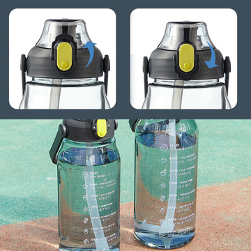 Flasche, Trinkflasche mit Strohhalm, 1,5l, motivierend, mit Erinnerung, mit motivierender Maßnahme, mit Griff, schwarze Waschbürste