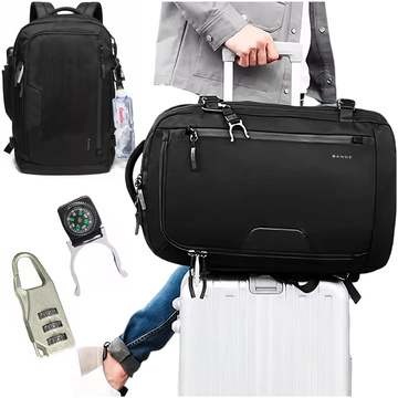 Plecak wodoodporny Bange na laptopa 15.6" miejski podróżny rozszerzalny 55 x 35 x 21-27 cm do samolotu męski damski + kłódka szyfr kompas zaczep na butelkę Czarny