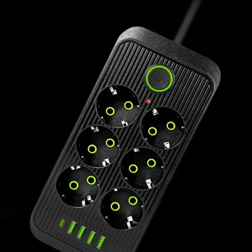 Verlängerungskabel Steckdosenleiste 6 Steckdosen AC EU-Steckdosen 4x USB USB-C Typ C-Steckdosen 2500 W Schwarz