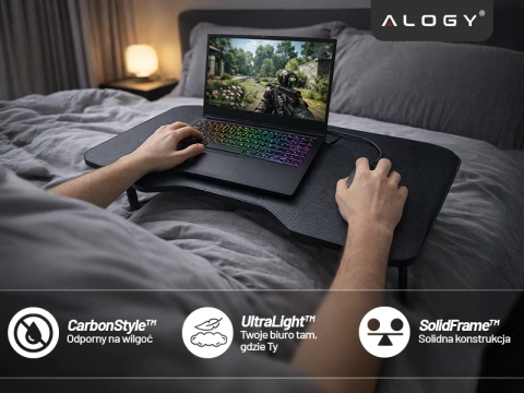 Stolik składany gamingowy 60×40 cm – biurko na laptopa z powierzchnią Carbon, lekki i przenośny, stabilna konstrukcja do domu i grania – Alogy CarbonDesk™ Czarny
