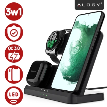 Ładowarka Bezprzewodowa Indukcyjna 3w1 Qi 3.0 Szybka do Samsung S22 S23 S24 S25 Galaxy Watch Buds Stacja czarna 