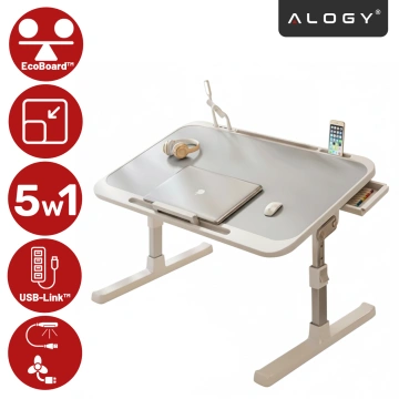 Stolik składany regulowany 60×35 cm – biurko na laptopa z szufladą i portem USB, składane nogi, stabilna konstrukcja do pracy i nauki – Alogy FoldDesk™