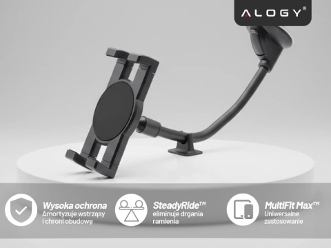Uchwyt samochodowy na tablet telefon 4–13" – długie regulowane ramię, montaż na kokpit i szybę, stabilny i uniwersalny – Alogy SteadyRide™ Czarny