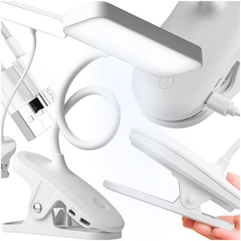 Lampka LED nocna na biurko biurkowa do czytania z klipsem lampa na klips dotykowa 3 tryby bezprzewodowa kabel USB biała