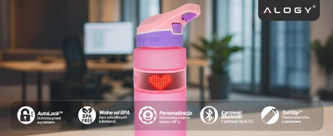 Butelka Bidon na Napoje LED, Inteligentna z Wyświetlaczem i Łącznością Bluetooth, Słomka, Motywacyjna, Wielokrotnego Użytku, Alogy FitBottle™ 800ml - Różowa