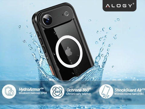 Etui Wodoodporne do Apple iPhone 17 Air 6,6", Pancerna Obudowa 360° z Przezroczystym Tyłem, Kompatybilna z MagSafe, Alogy HydroArmor™ IP68 Case – Czarne
