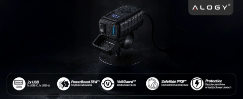 Ładowarka Motocyklowa z Wyświetlaczem, Szybkie Ładowanie 36W PD + QC 3.0, Porty USB-A i USB-C, Wodoodporna i Solidna, Alogy MotoCharge Pro™ – Czarna