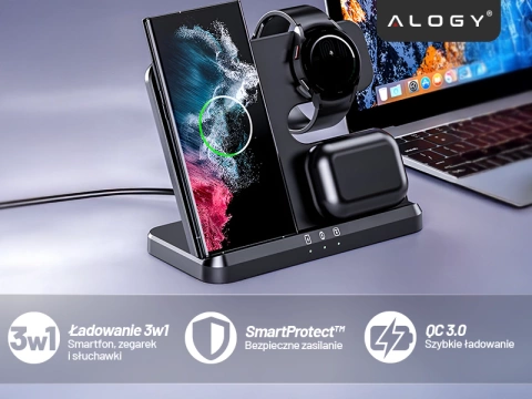 Ładowarka Bezprzewodowa Indukcyjna 3w1 Qi 3.0 Szybka do Samsung S22 S23 S24 S25 Galaxy Watch Buds Stacja czarna 