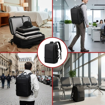 Pleacak wodoodporny Bange na laptopa miejski podróżny 46x30.5x20 cm z możliwością rozszerzenia do pracy samolotu męski damski z przegrodą próżniową + pompka próżniowa Czarny