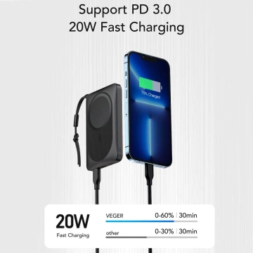 Powerbank Externer Akku VEGER MagOn mit Qi-Ladung für MagSafe 15W - 10.000mAh PD 22,5W weiß (VP1151 / W1151)