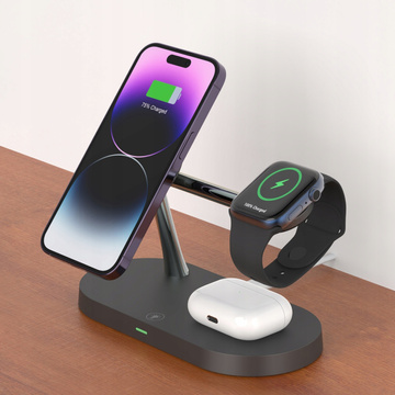 Ładowarka indukcyjna Qi Mag Safe 15W do iPhone Apple Watch AirPods bezprzewodowa 5w1 Stacja dokująca Czarna