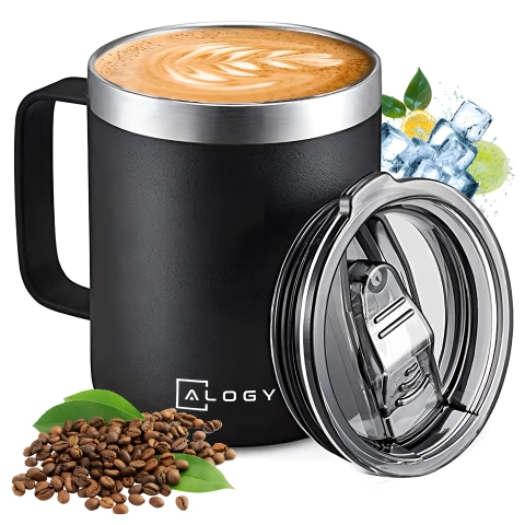 Kubek termiczny 420ml z uchwytem pokrywką na kawę herbatę stalowy zimne i ciepłe napoje Alogy Czarny