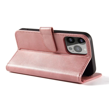 Etui na telefon Magnet Case do iPhone 13 Pro elegancki futerał etui pokrowiec z klapką i funkcją podstawki różowy