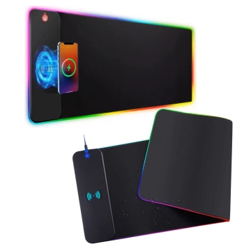 Podkładka na biurko z oświetleniem LED RGB pod myszkę mysz klawiaturę z ładowarką Qi do telefonu Alogy QiGlow Pro Mata ochronna antypoślizgowa gamingowa XL 80x30 cm Czarna