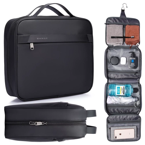 Bange Wasserdichte Kosmetiktasche 30x26x10 cm, faltbar, für Kosmetikzubehör, Reisen, Damen &amp; Herren, Schwarz