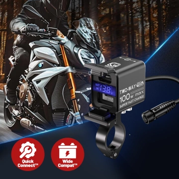 Kewig Motorradladegerät, universelles Aluminium-Ladegerät, 100 W, bidirektional mit Voltmeter, Schnellladefunktion über USB-A und USB-C, intelligent und wasserdicht – Schwarz