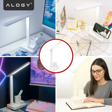 Lampka biurkowa nocna LED – akumulator 2400 mAh, organizer na długopisy i telefon, regulowane światło, idealna na biurko i do nauki – Alogy Light&Organize™ Biała