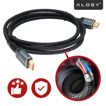 Kabel HDMI 2.1 1.5 m, 4K/8K Alogy Ultra High Speed™ 48 Gbps 60Hz, Premium z Pozłacanymi Końcówkami, Nylonowy Oplot, Miedziany – Czarny