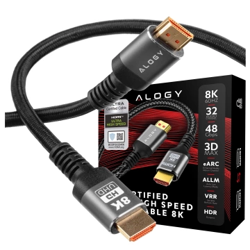 Kabel HDMI 2.1 1.5 m, 4K/8K Alogy Ultra High Speed™ 48 Gbps 60Hz, Premium z Pozłacanymi Końcówkami, Nylonowy Oplot, Miedziany – Czarny