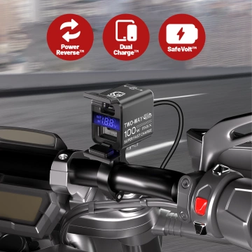 Ładowarka Motocyklowa Kewig, Uniwersalna Aluminiowa 100W, Dwukierunkowa z Woltomierzem, Szybkie Ładowanie USB-A i USB-C, Inteligentna i Wodoodporna – Czarna