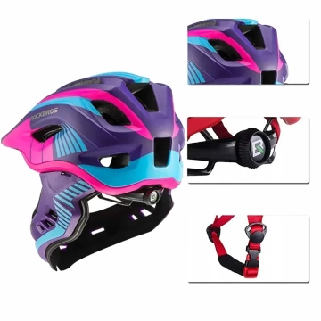 Rockbros TT-32SBPP-M Kinderfahrradhelm mit abnehmbarem Kinnbügel, Größe M – Lila-Pink