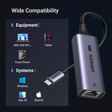 Adapter Ugreen CM648 USB-C do Ethernet RJ45 2.5G Plug&Play Szary