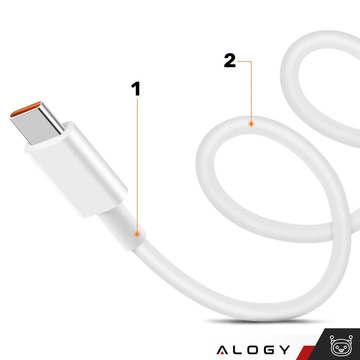 Kabel USB - USB-C typ C Alogy mocny szybki 67W 6A PD 1M przewód do ładowarki Blue Label Biały
