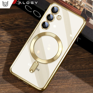Etui do Samsung Galaxy S24 Mag Safe Glamour Case Ring obudowa ochrona aparatów Alogy Złote przezroczyste + Szkło