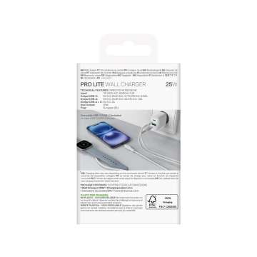 Puro PROLITE 25W USB-A/USB-C Wandladegerät, USB-C Kabel 1,2m - weiß