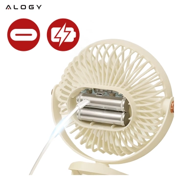 Wentylator wiatrak 2800 mAh wiatraczek LED przenośny klips Alogy biurkowy na biurko wózek dla dziecka bezprzewodowy beżowy