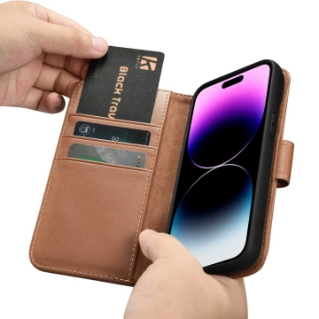 Etui na telefon iCarer Wallet Case 2in1 do  iPhone 14 Pro Max skórzany pokrowiec z klapką Anti-RFID brązowy