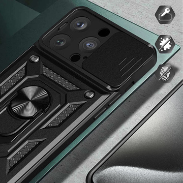 Etui pancerne do iPhone 15 Pro Camshield Case Ring Alogy Stand z osłonką na aparat slide czarne + Szkło