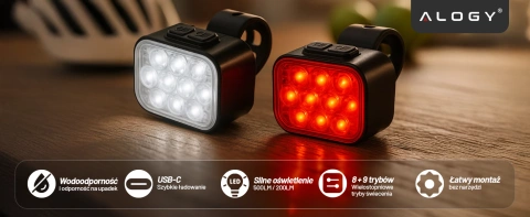 LED-Fahrradlicht 500 lm 200 lm Alogy DuoRide™ Lichter 20 LED Fahrradtaschenlampe Wasserdicht Vorder- und Rücklicht 2er-Set