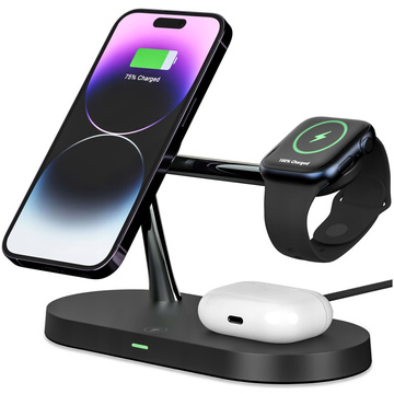 Ładowarka indukcyjna Qi Mag Safe 15W do iPhone Apple Watch AirPods bezprzewodowa 5w1 Stacja dokująca Czarna