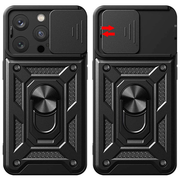 Gepanzerte Hülle für iPhone 15 Pro Camshield Case Ring Alogy Stand mit Schiebekameraabdeckung aus schwarzem Glas
