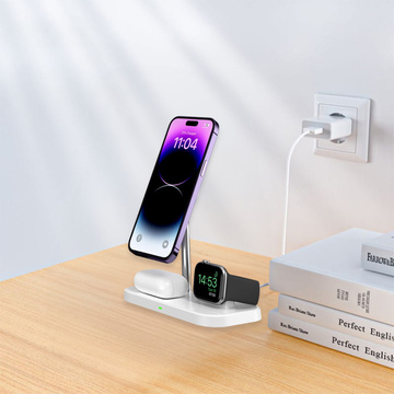 Ładowarka indukcyjna Qi Mag Safe 15W do iPhone Apple Watch AirPods 3w1 bezprzewodowa stojak podstawka biała