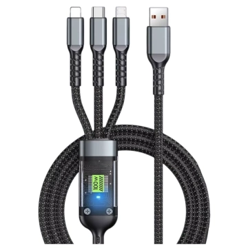 Kabel 120cm Alogy 3w1 Szybkie ładowanie Charging Cable 100W USB do USB-C + Micro + Lightning Czarny