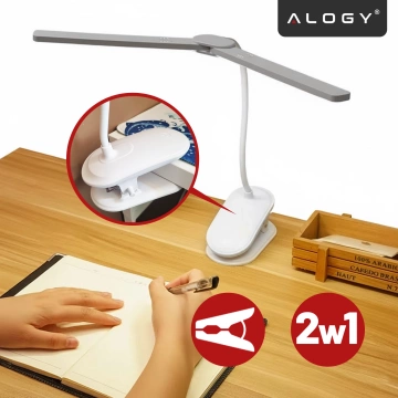Lampka biurkowa nocna LED – akumulator 4000 mAh, podwójne oświetlenie, elastyczne ramię, klips z regulacją, idealna do biurka i łóżka – Alogy SmartClip™ Light Biała