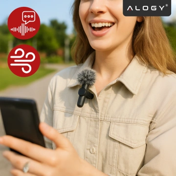 Kabelloses Mikrofon-Set (2 Stück) – Lightning-Anschluss für iPhone, Geräuschunterdrückung, leichtes Design, Reichweite bis zu 20 Meter – 2 Ansteckmikrofone mit Fellbezug, Telefonhörer – Alogy DualVoice™ Schwarz