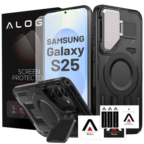 Etui do Samsung Galaxy S25 Case do MagSafe Wzmocniona Pancerna ochrona obiektywów z podstawką obudowa ochronna na telefon Alogy HeavyDuty Mag™️ + Szkło hartowane