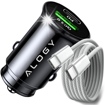 Ładowarka samochodowa 38W USB QC 3.0 18W + USB-C C PD 20W szybka mocna do telefonu Alogy Car czarna + Kabel USB-C 1m