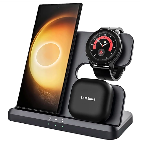 Ładowarka Bezprzewodowa Indukcyjna 3w1 Qi 3.0 Szybka do Samsung S22 S23 S24 S25 Galaxy Watch Buds Stacja czarna
