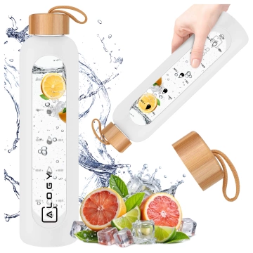 Große Glasflasche, Trinkflasche Alogy Motivational Messbecher 1l 1000ml, Silikonhülle Weiß