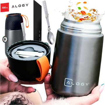Termos pojemnik obiadowy na jedzenie żywność zupę lód  dla dzieci 700ml Alogy ze stali nierdzewnej + składana łyżeczka termiczny szary