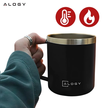 Thermobecher 420 ml mit Henkel und Deckel für Kaffee, Tee, Stahl, Kalt- und Heißgetränke, Alogy Black