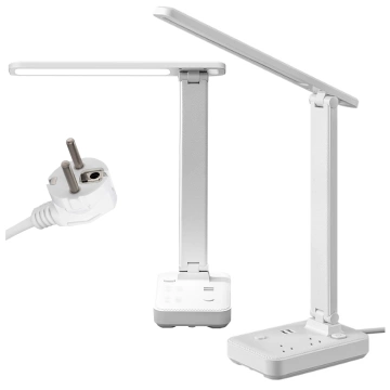 Alogy Schreibtischlampe mit 2 Steckdosen, 2 USB-Anschlüssen, weißer LED-Ladeleuchte und Handyhalterung