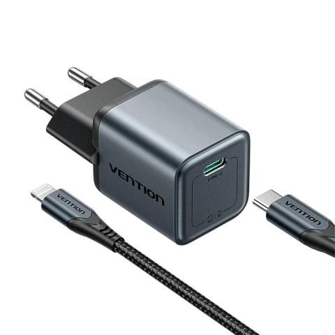 GaN Vention USB-C-Ladegerät 20 W USB-C-auf-Lightning-Kabel 1 m Grau