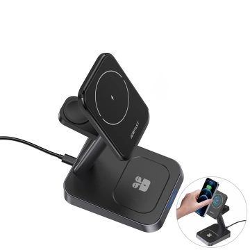 Acefast bezprzewodowa ładowarka Qi 15W do iPhone (z MagSafe), Apple Watch i Apple AirPods stojak podstawka uchwyt magnetyczny czarny (E3 black)